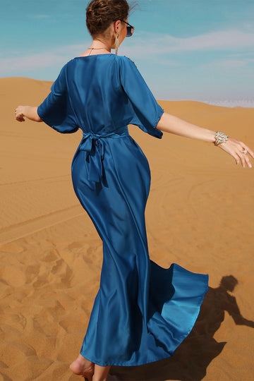 Niebieska Krótki Rękaw Abaya z Koralikami